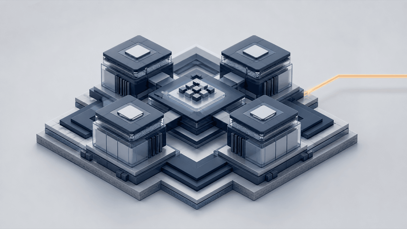 Isometric enterprise infrastructure with four redundant modules surrounding a customer-controlled workflow core.