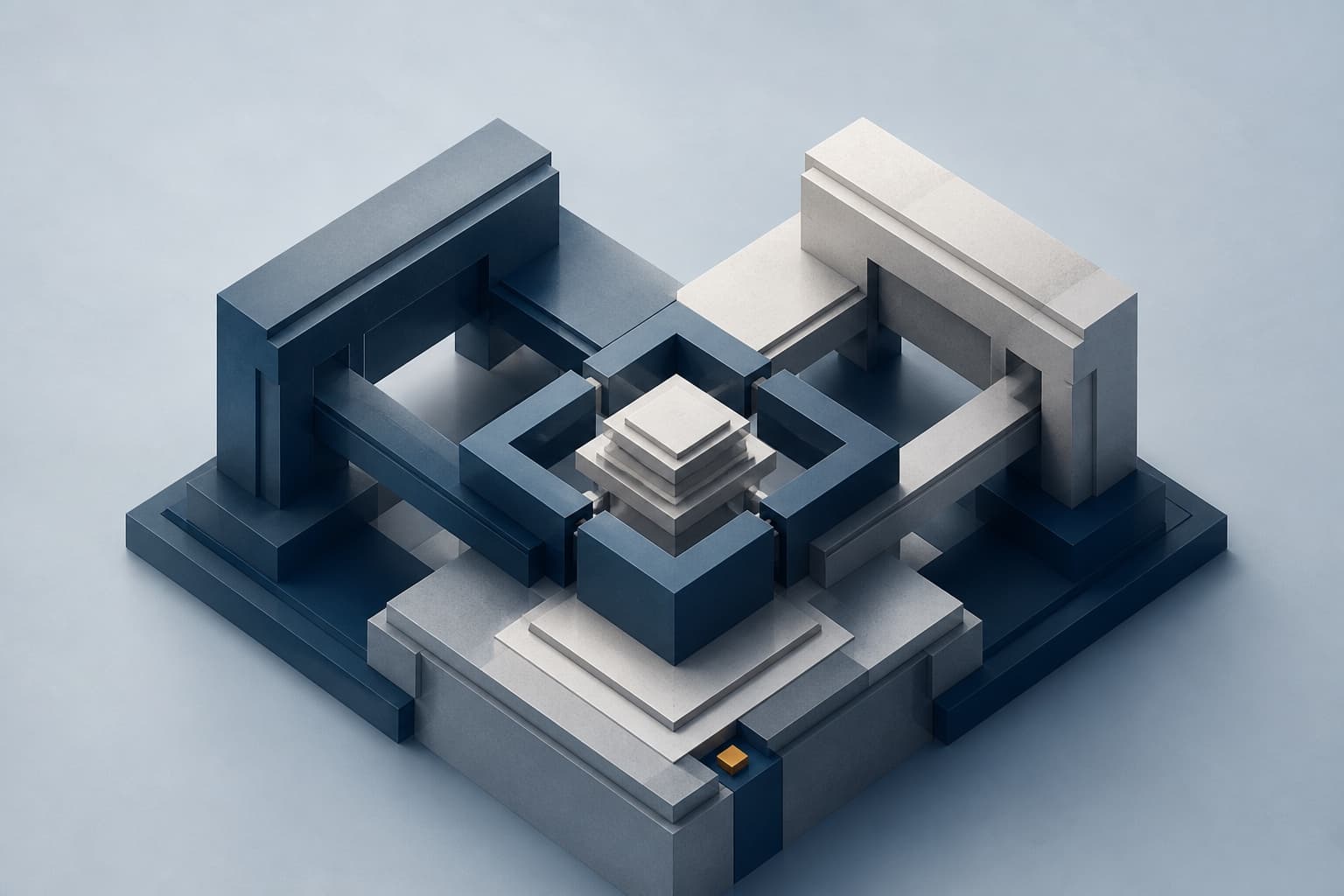 Interlocking structural layers surrounding a protected central core.