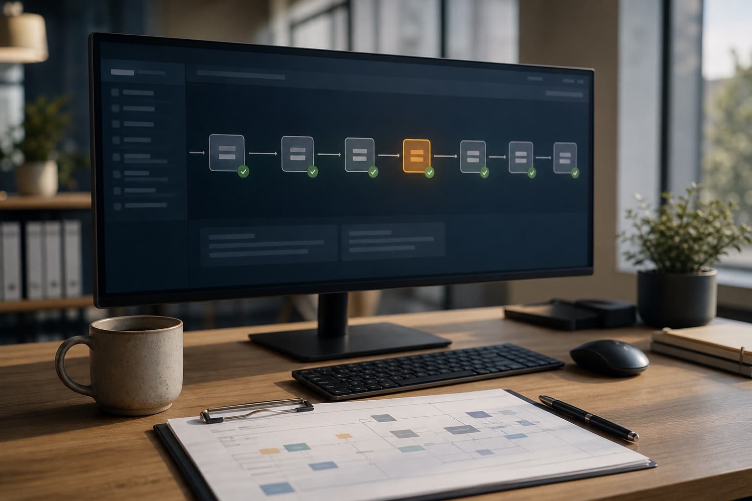 An operations desk running unattended: a monitor showing a workflow of connected steps, most cleared with a green check and one banded in amber, a printed process sheet on a clipboard beside the keyboard.