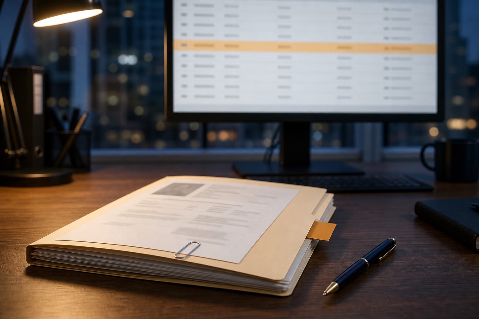 One customer case folder set apart on the desk with an amber flag tab and an identity document clipped inside, a pen beside it ready for an analyst, and a review list behind showing a single row banded in amber.