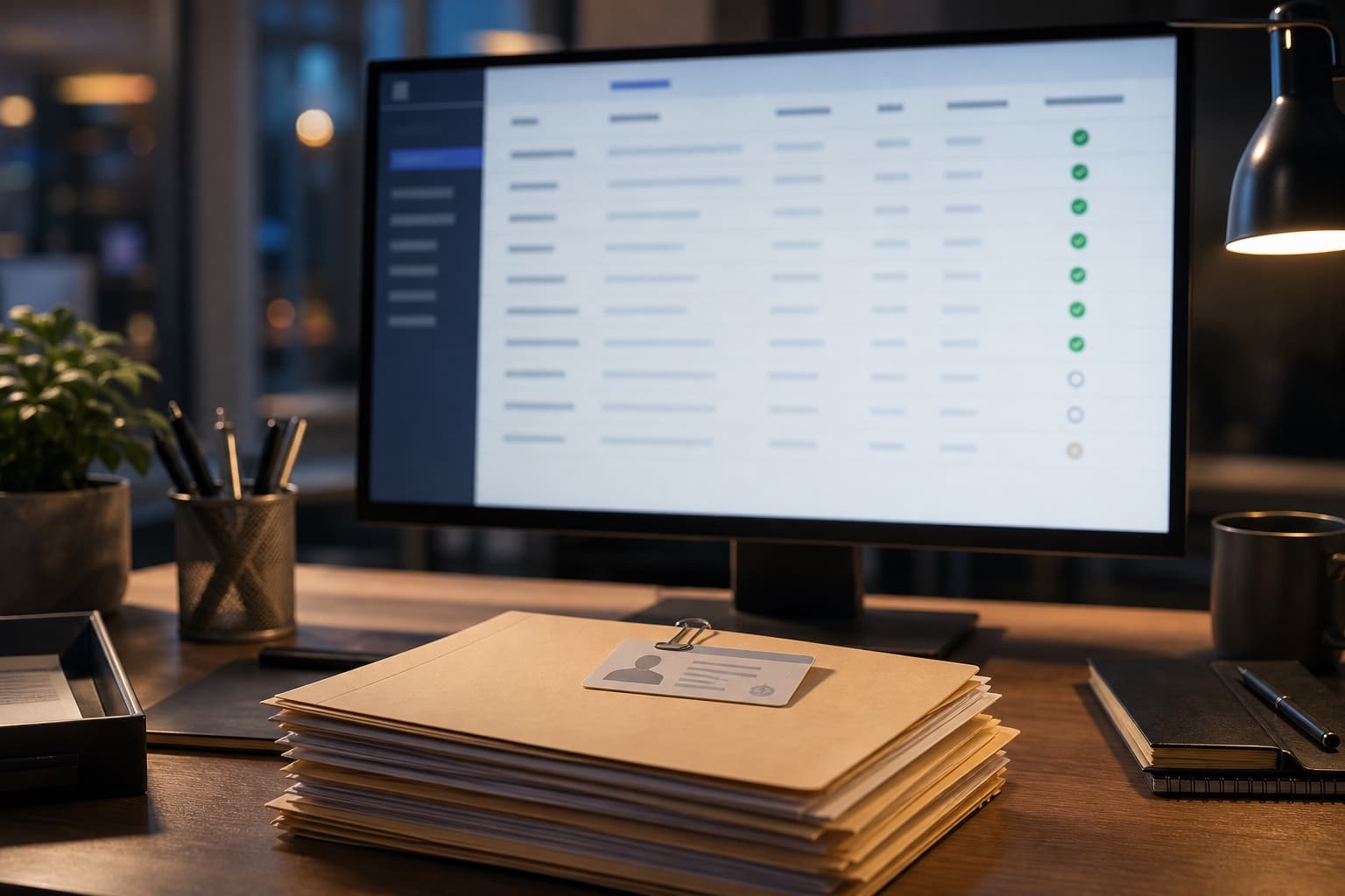 A case review queue on a compliance analyst's monitor, most rows cleared with a small green check, and a stack of customer case folders with an identity card clipped to the top one in front of the screen.