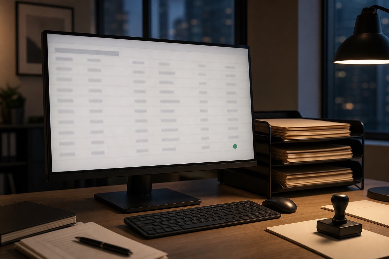 A settled ledger of completed review entries on a desk monitor, the latest entry sealed with a small green mark, and a tray of closed case folders archived beside it.