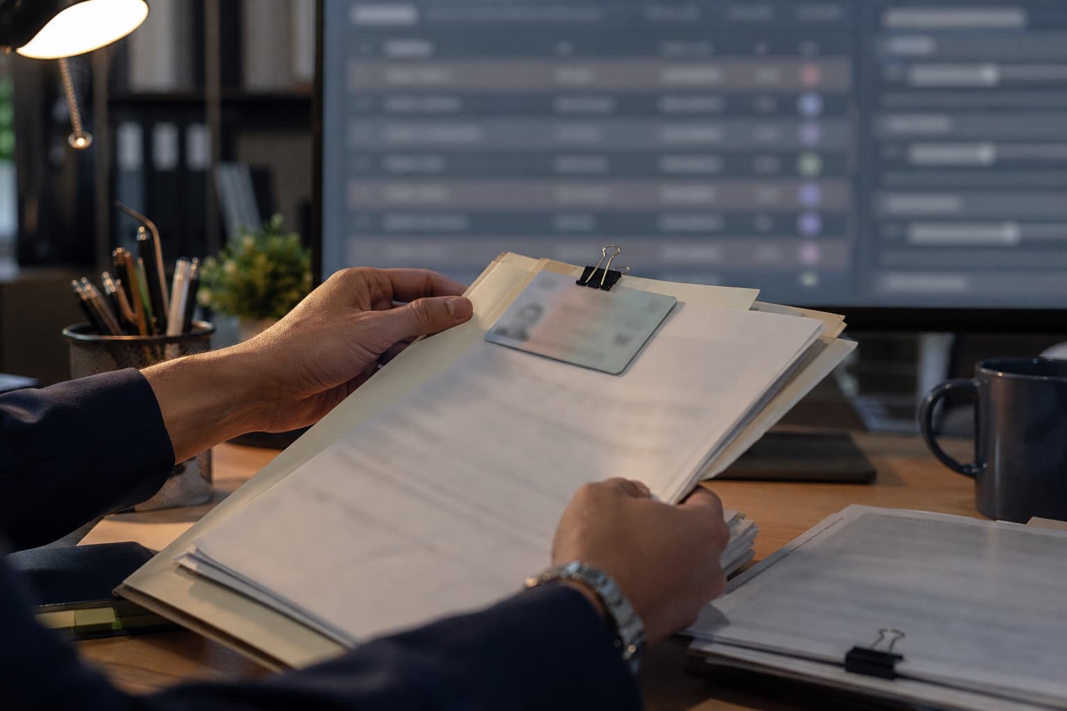 A compliance analyst's hands working through a clipped case file with a customer's identity document on top, the screening results list softly blurred on the monitor behind, under a desk lamp in an evening office.