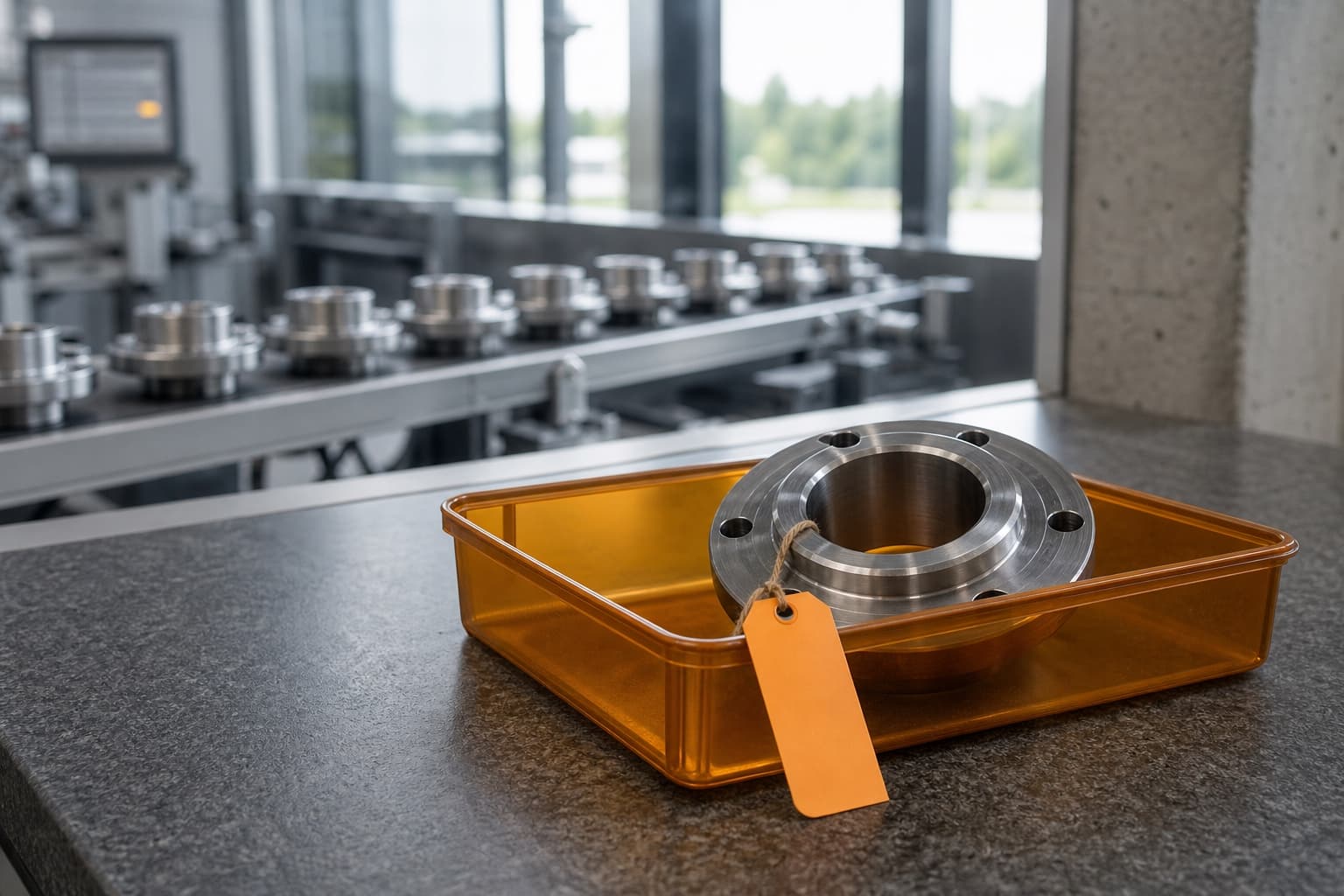 A machined flange flagged as non-conforming, set apart in an amber quarantine tray with an amber hold tag, while conforming parts continue along the production line blurred behind it.