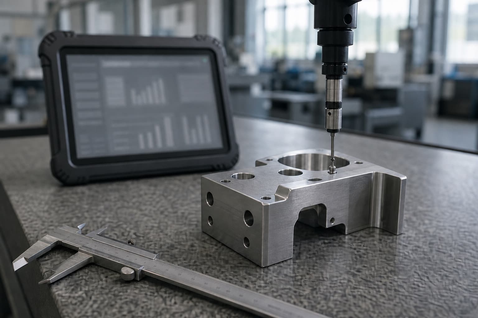 A machined part on a metrology bench under a coordinate-measuring-machine probe, beside a rugged tablet showing an out-of-focus analysis dashboard, as its root cause is investigated.