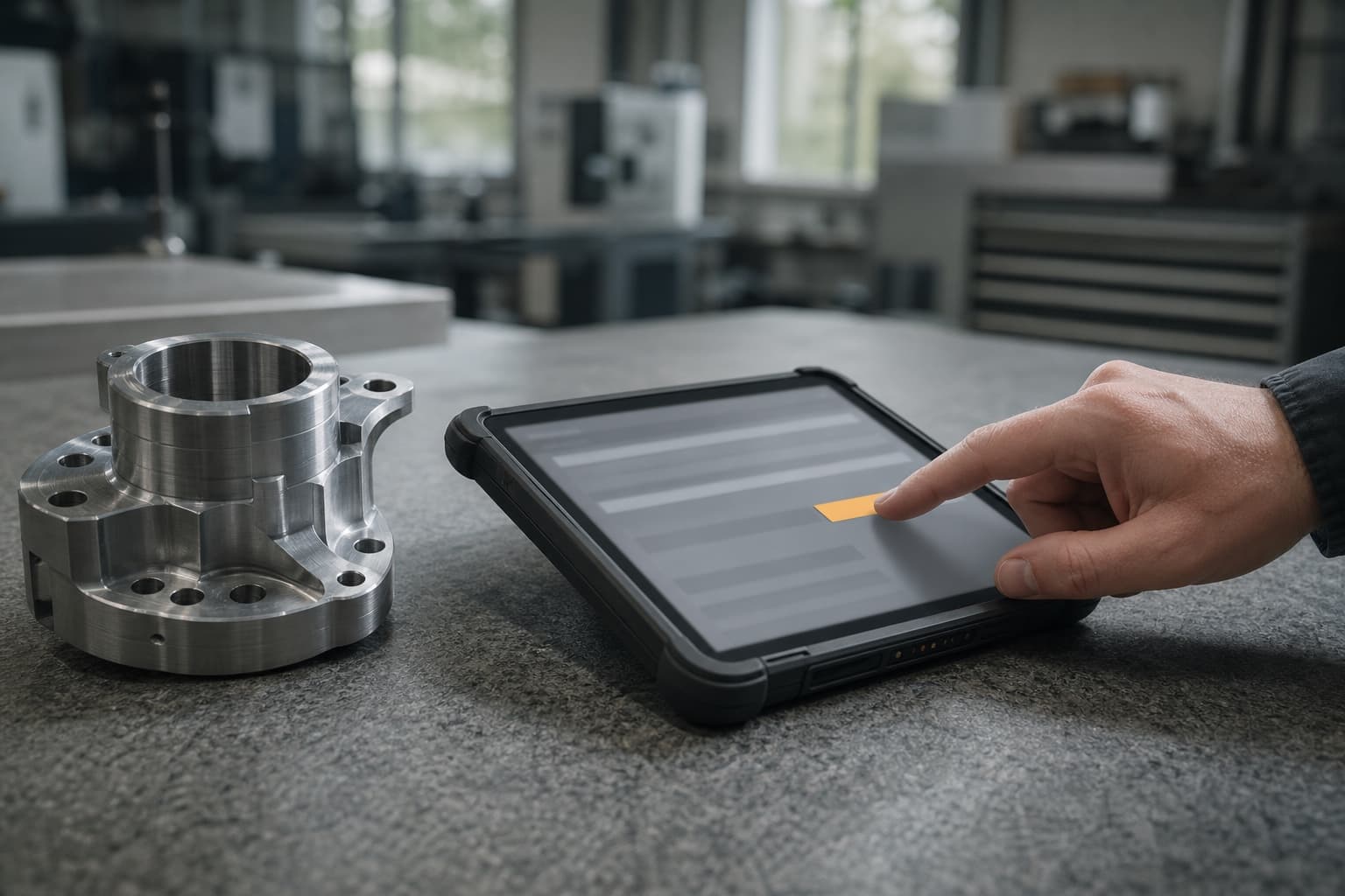 A quality engineer hand approving a disposition on a rugged tablet with one amber control highlighted, the machined part resting on the bench beside it.