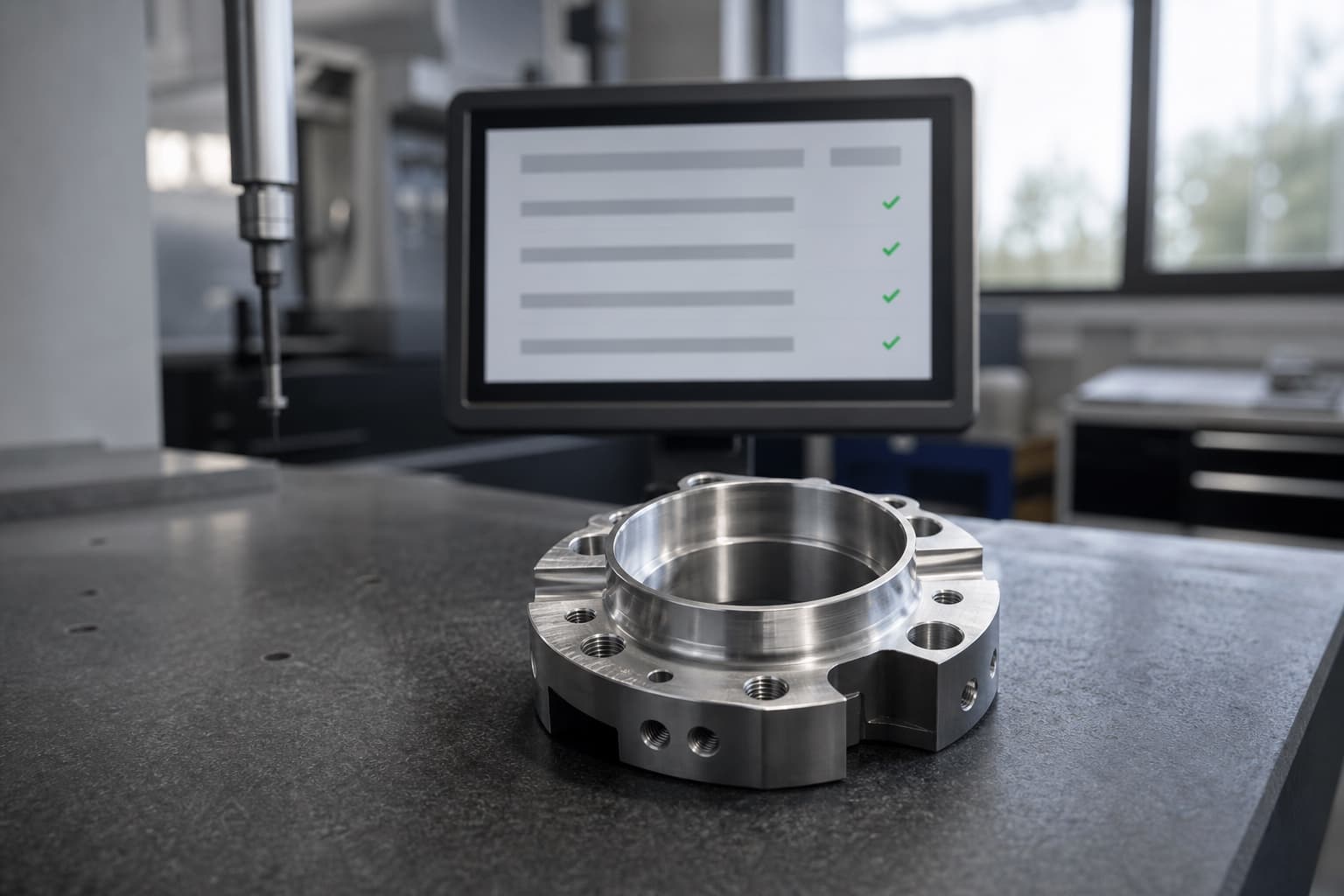 The machined part passing its final check on a metrology bench, an inspection screen behind it showing a checklist cleared with green marks: the case verified and closed.