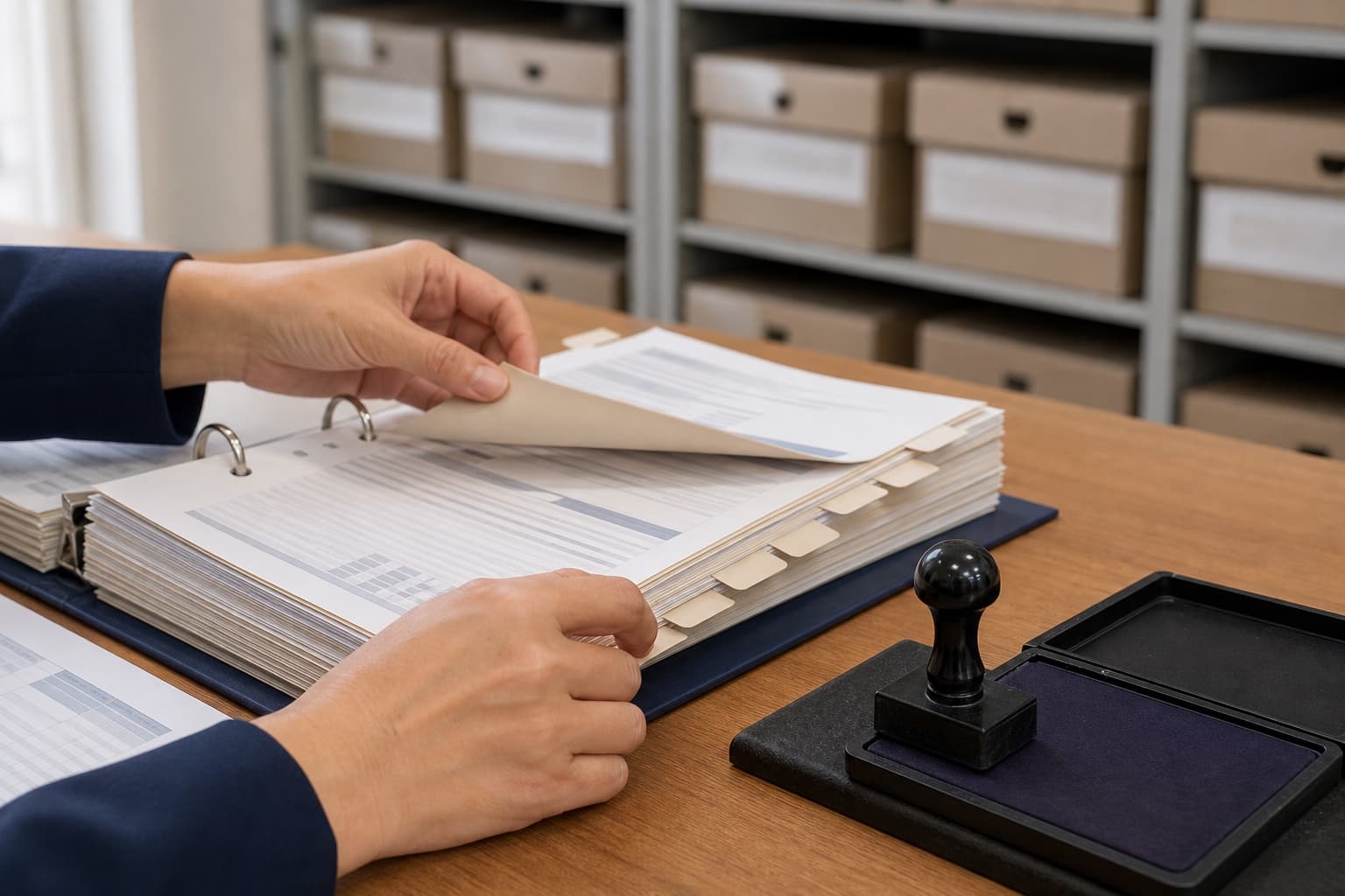 An auditor's hands turning the tabbed dividers of a thick ring binder of records, a rubber stamp and ink pad beside it, a shelf of sealed archive boxes softly blurred behind.