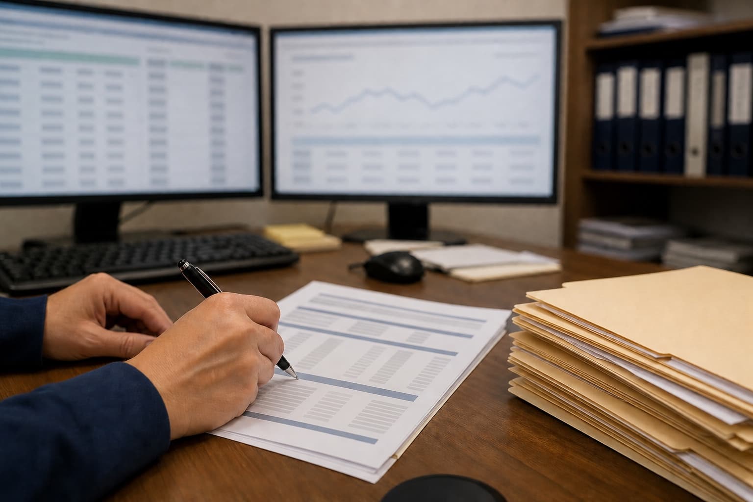 A back-office operations desk: hands working through a printed reconciliation report with a pen, a stack of case folders beside it, monitors of data rows and a muted chart and a shelf of binders softly blurred behind.