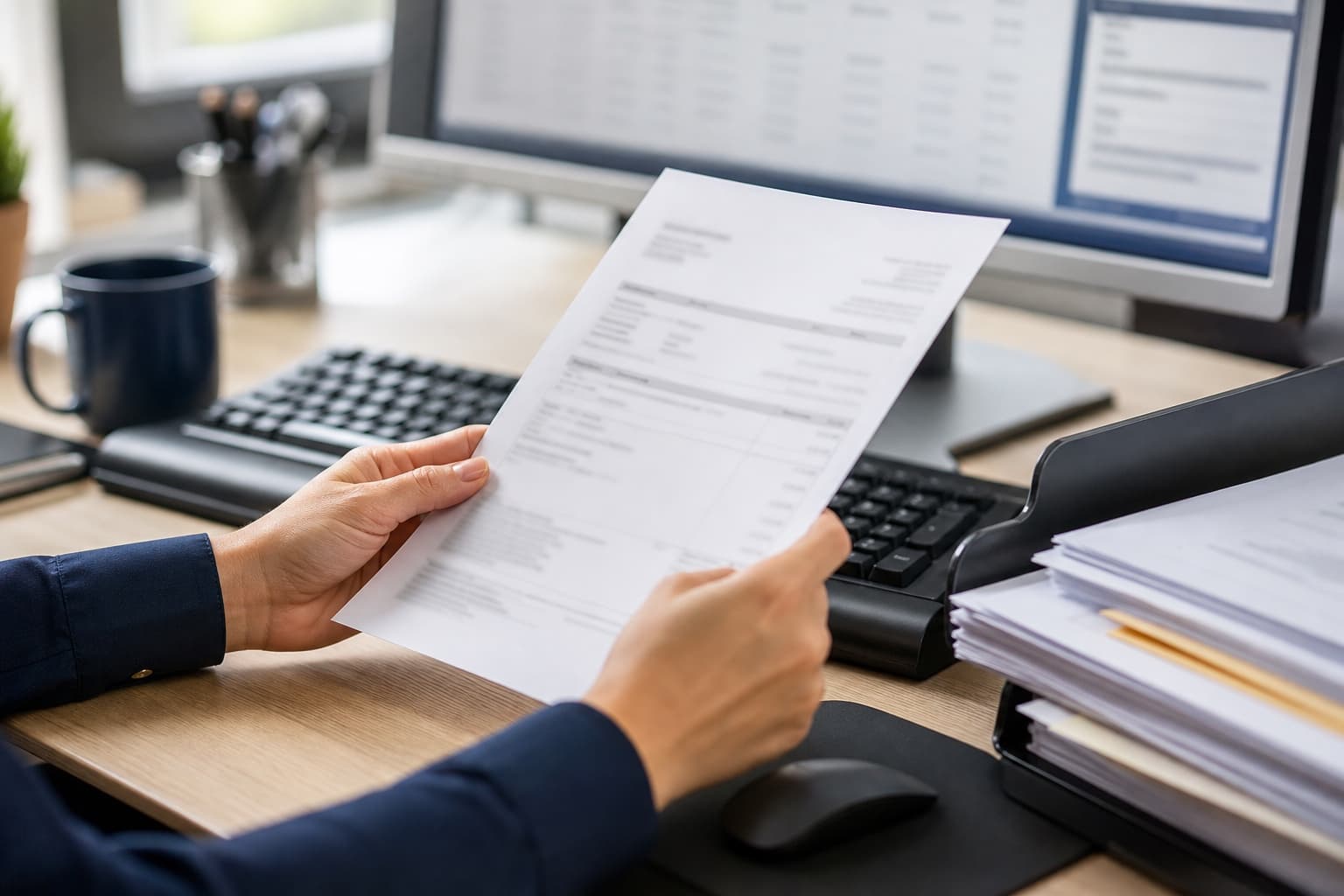 An accounts payable specialist holding a paper invoice at a bright desk, a tray of invoices and a softly blurred finance screen beside it.