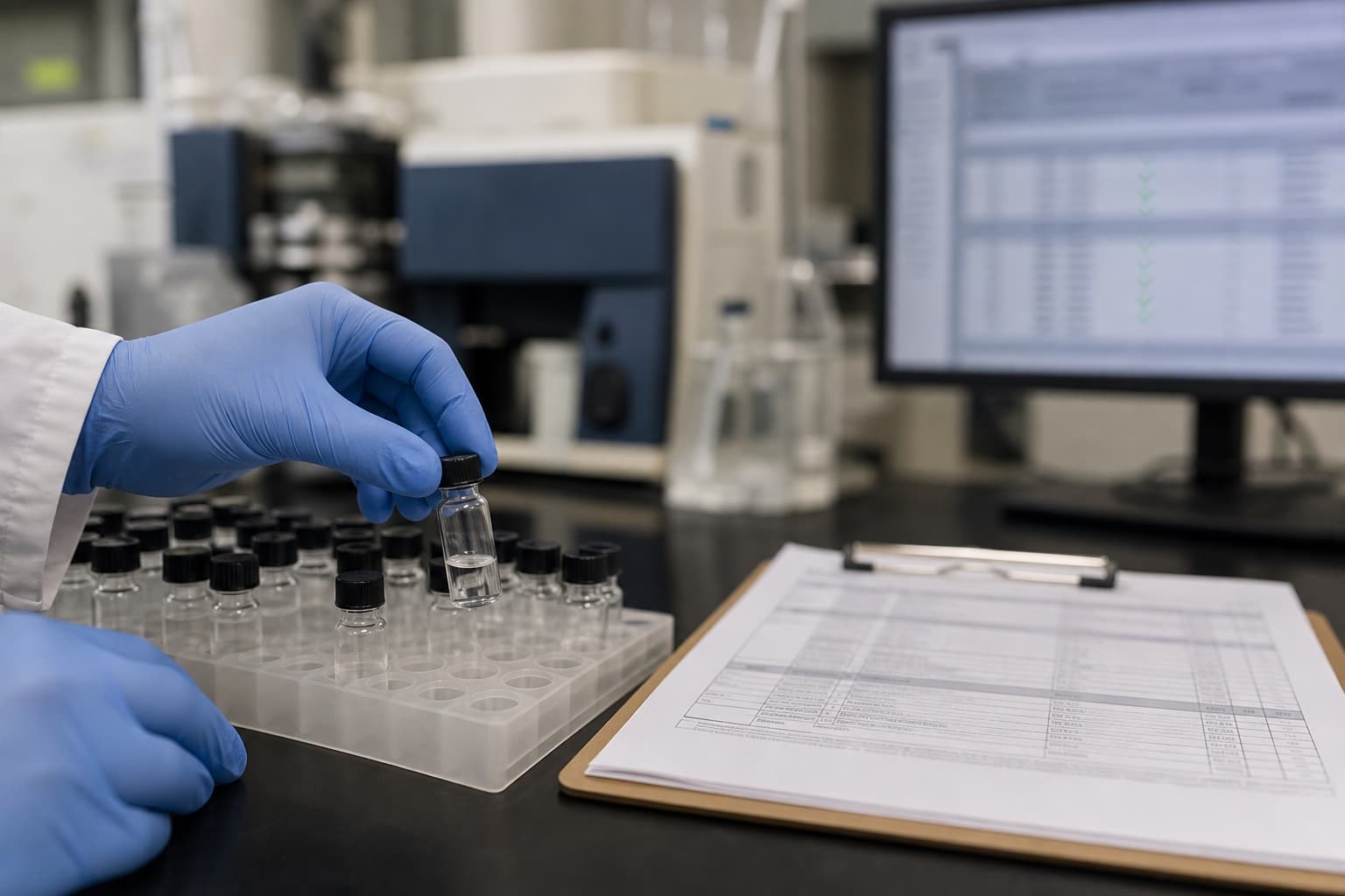 Gloved hands placing a sample vial into a rack on a lab bench beside a printed test method sheet, an analytical instrument and a screen of cleared results softly blurred behind.