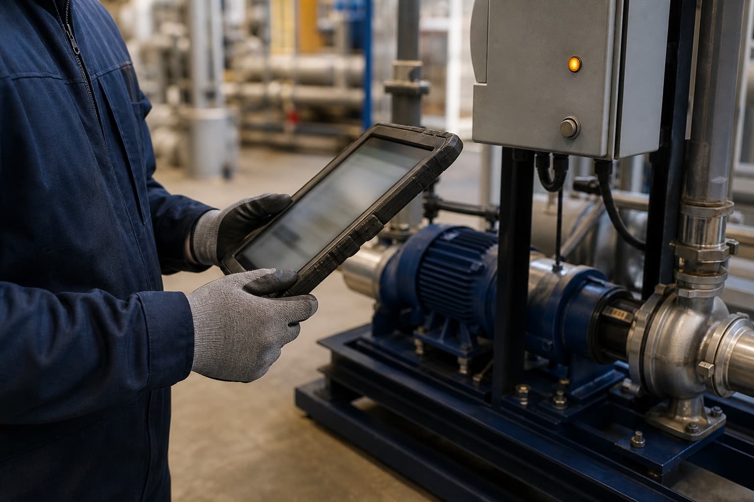 A maintenance technician holding a rugged tablet beside an industrial pump skid, one amber status light glowing on the equipment panel.