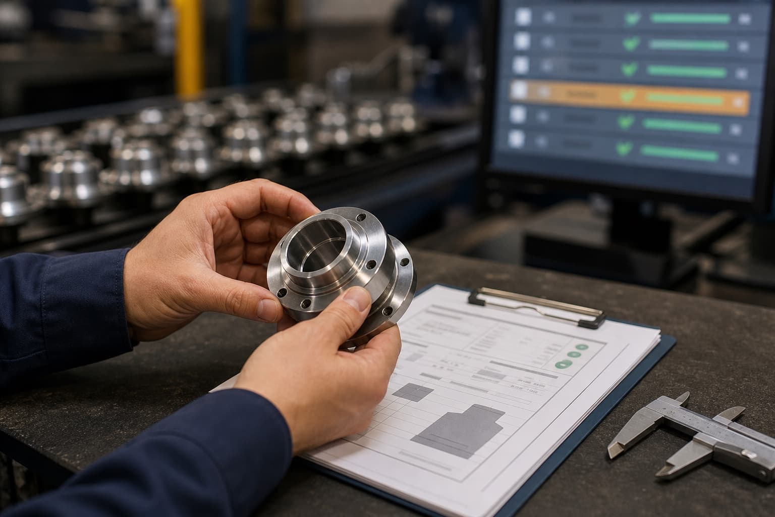 A quality engineer's hands on a workshop bench holding a machined part beside a printed work instruction and calipers, a production line and a station screen of cleared checks softly blurred behind.