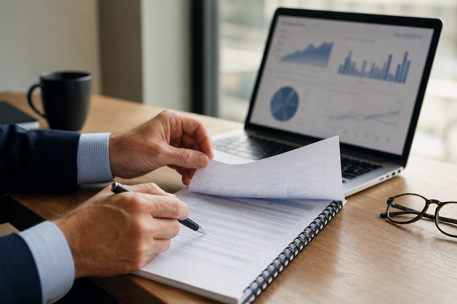 A risk analyst reviewing a bound model documentation report beside a laptop, its charts softly out of focus in a quiet office.