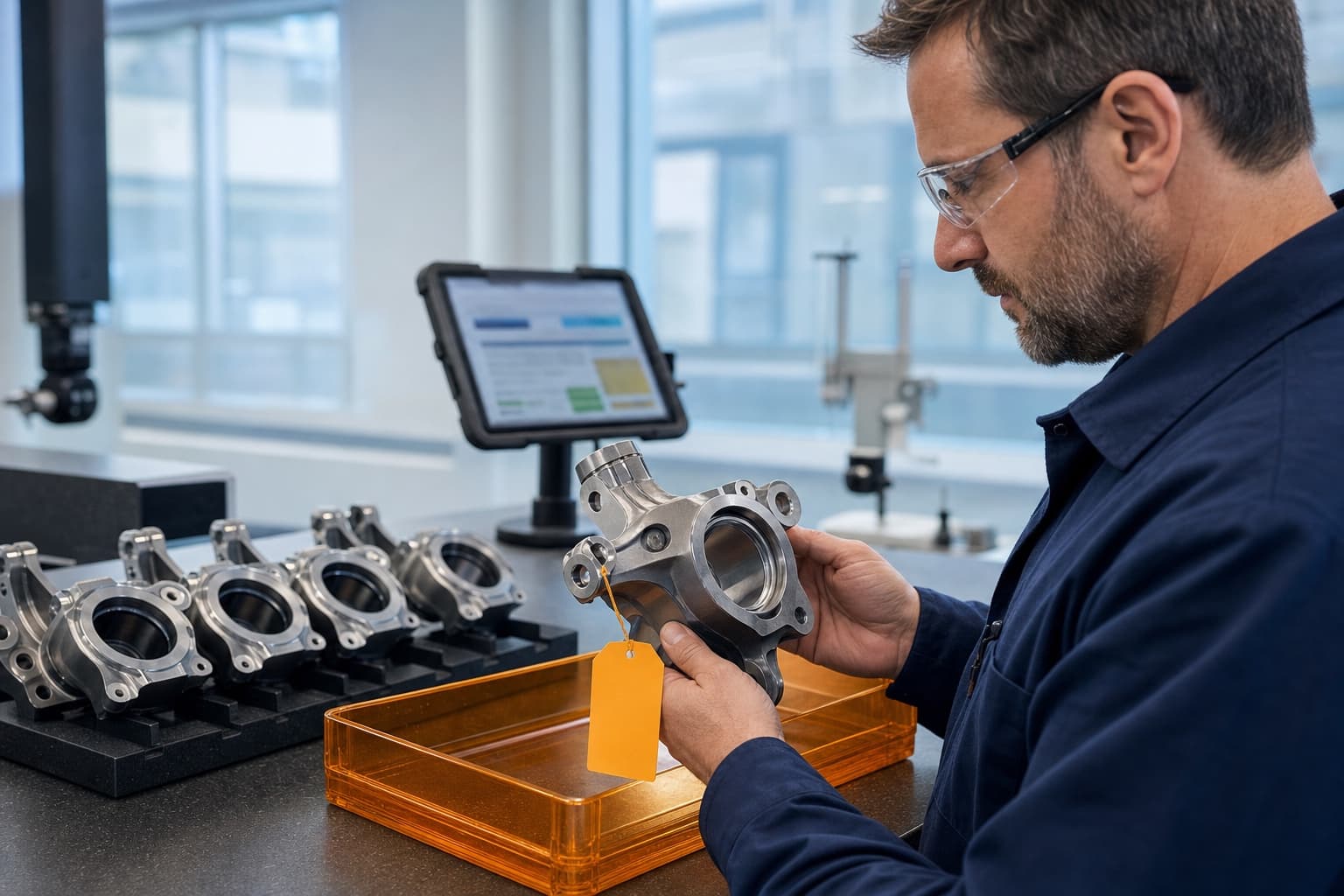 A quality engineer at a metrology station inspecting a machined part flagged as non-conforming with an amber hold tag, next to a tablet showing the governed workflow.