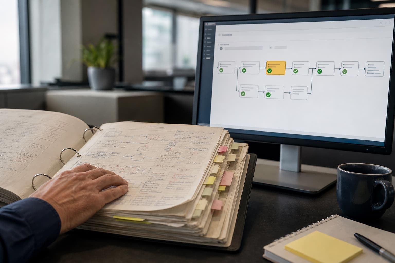A worn paper procedure binder lies open on an operations desk, dense with hand annotations and index tabs, beside a monitor running the same process as a clean workflow whose steps carry green checks with one held in amber.