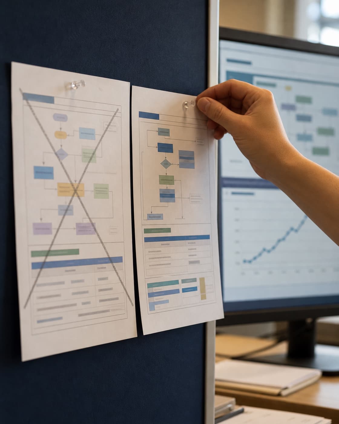 Two versions of a printed process sheet pinned side by side on an operations board, the older crossed through in pencil as a hand pins the newer revision up: the workflow improves on every run.