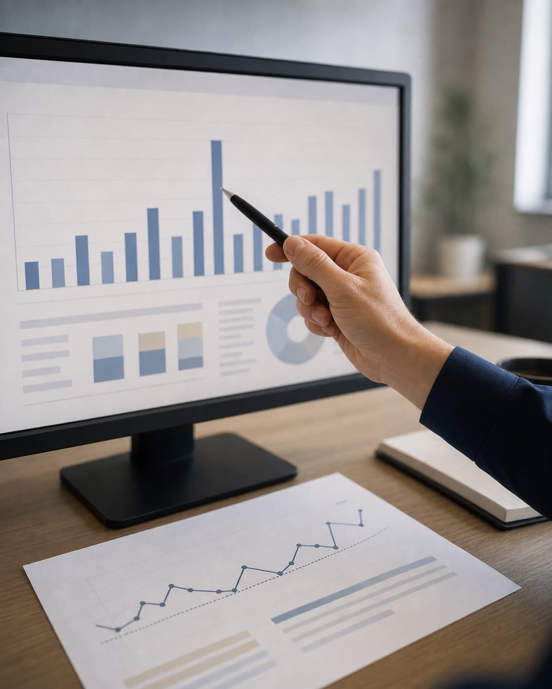 A pen pointing at the one bar standing out on a monitor's chart, a printed run chart with a trend line on the desk below: workflow performance measured from real runs.