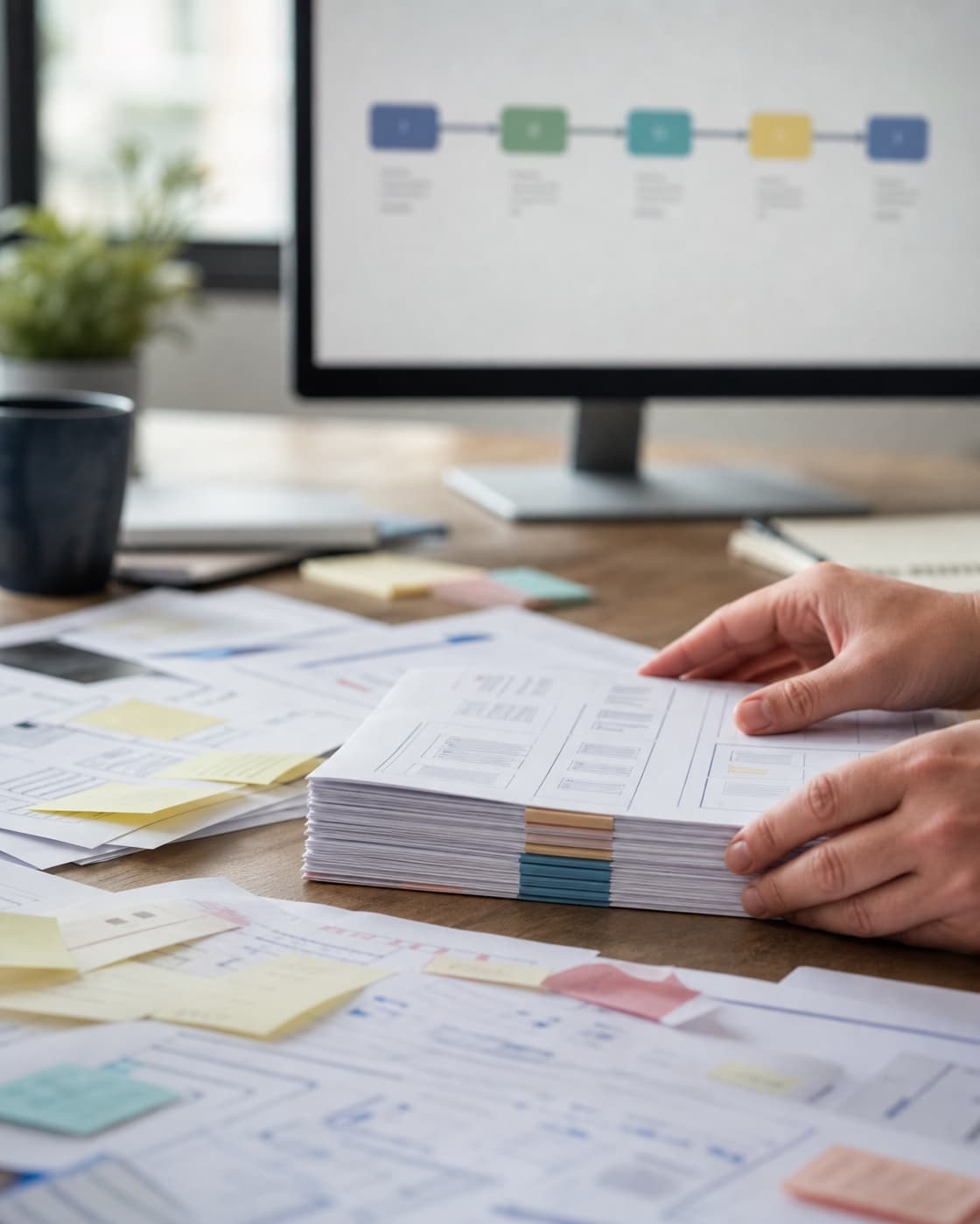 Marked-up procedure printouts and sticky notes scattered across a desk, hands squaring them into one aligned stack, a monitor behind showing a single clean workflow: ad hoc work becomes one standard.