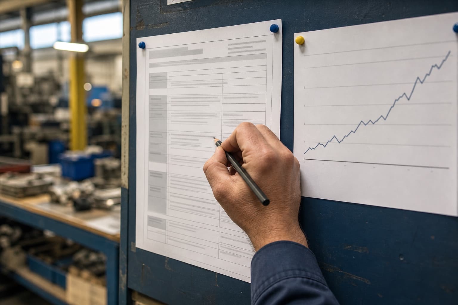 A hand marking a revision in pencil on a printed standard work procedure pinned to an operations board, a run chart with a rising trend line pinned beside it, a plant floor softly blurred behind.