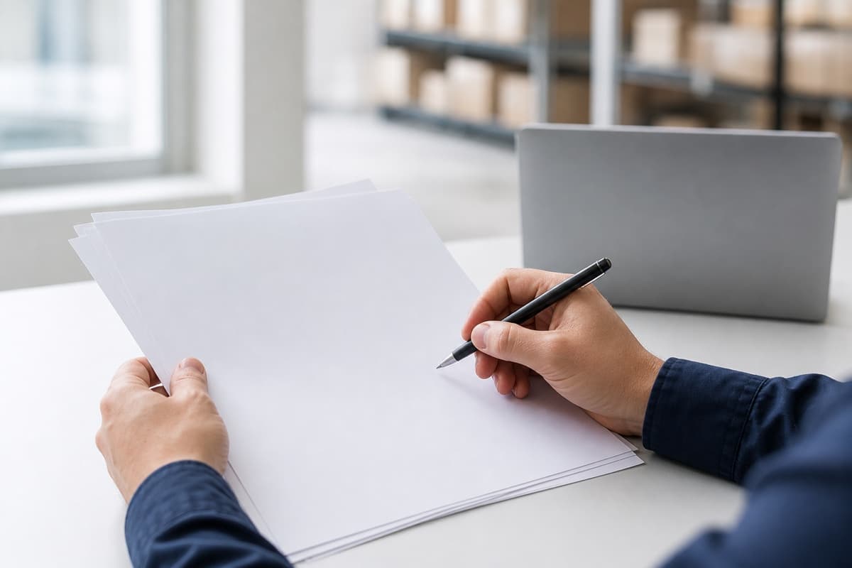 A buyer's hands reviewing supplier paperwork with a pen at a desk, pausing on one order before approving it.