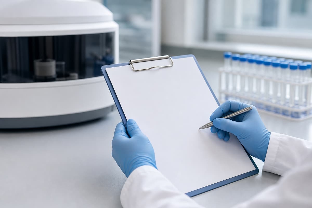 Gloved hands in a bright laboratory reviewing a report on a clipboard, an analytical instrument and sample vials softly out of focus beside them.