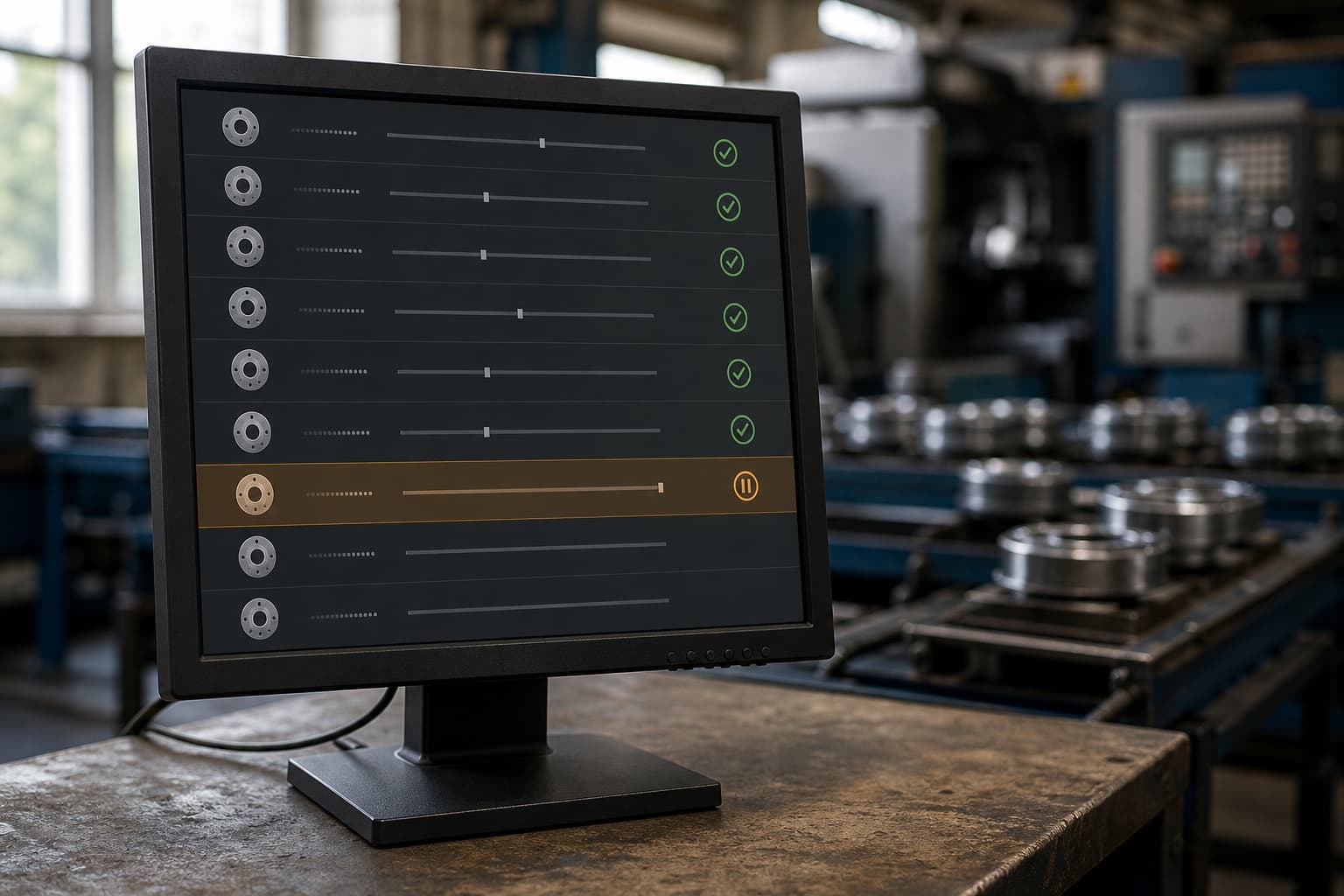 A monitor on a workshop bench showing the agent working down a queue of inspected parts: six carry the green check it cleared them with, two at the bottom are not reached yet, and one is banded in amber with a hold badge, its measurement hard against the end of its range, waiting on an inspector. Behind it, out of focus, a production line turns out the parts.