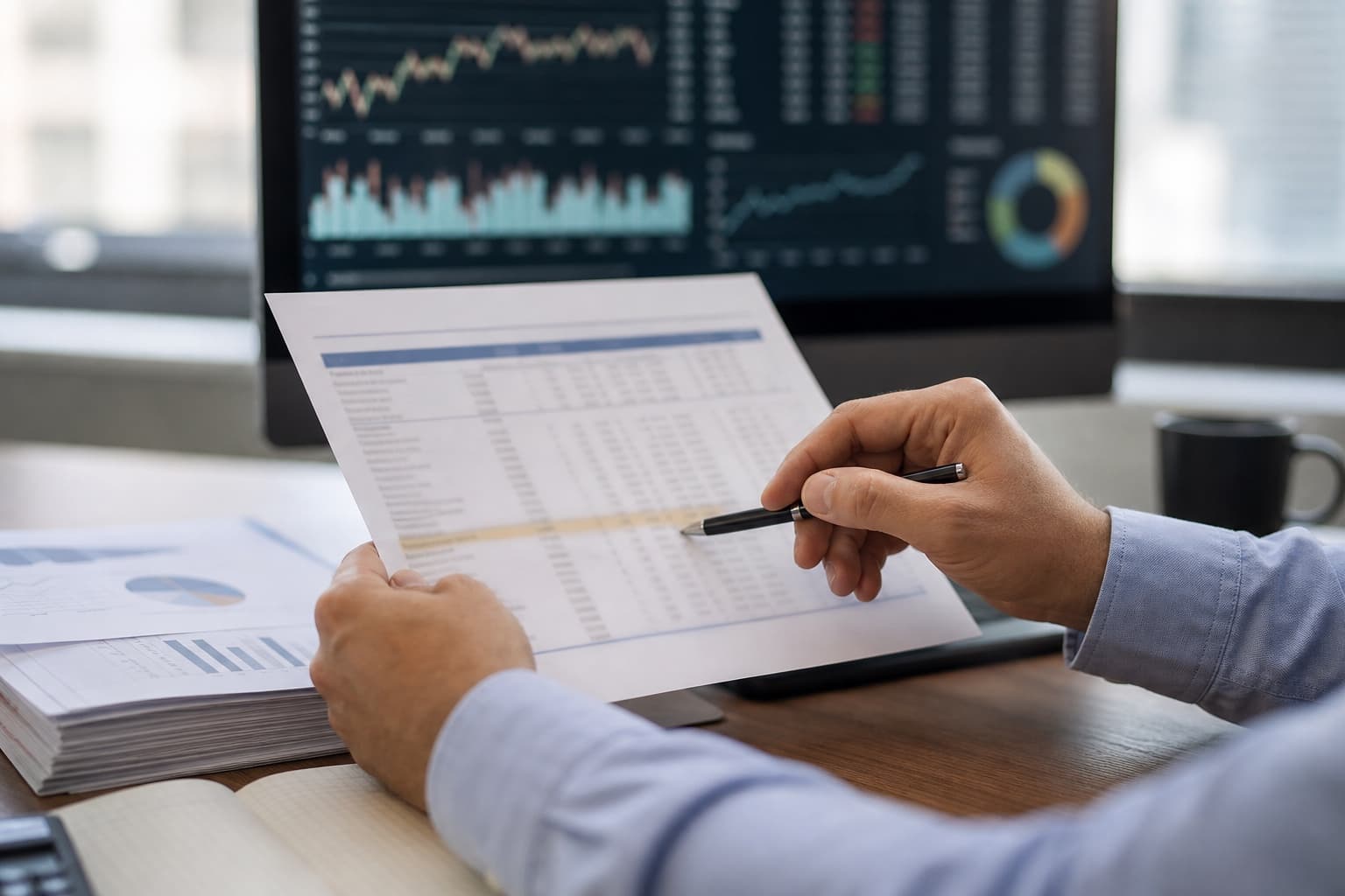 A portfolio operations analyst's hands checking a printed positions report against on-screen charts, a pen resting on one flagged line.