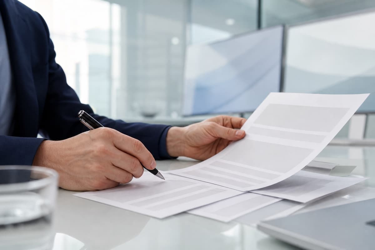A financial-operations professional's hands reviewing printed statements with a pen at a modern desk, monitors softly blurred behind.