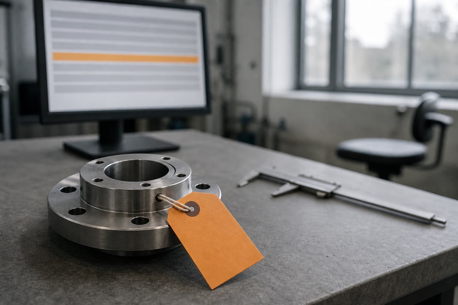 A single machined part set apart on an inspection bench with an amber hold tag tied to it, a screen behind it showing one row banded in amber, and calipers set down ready for an inspector.