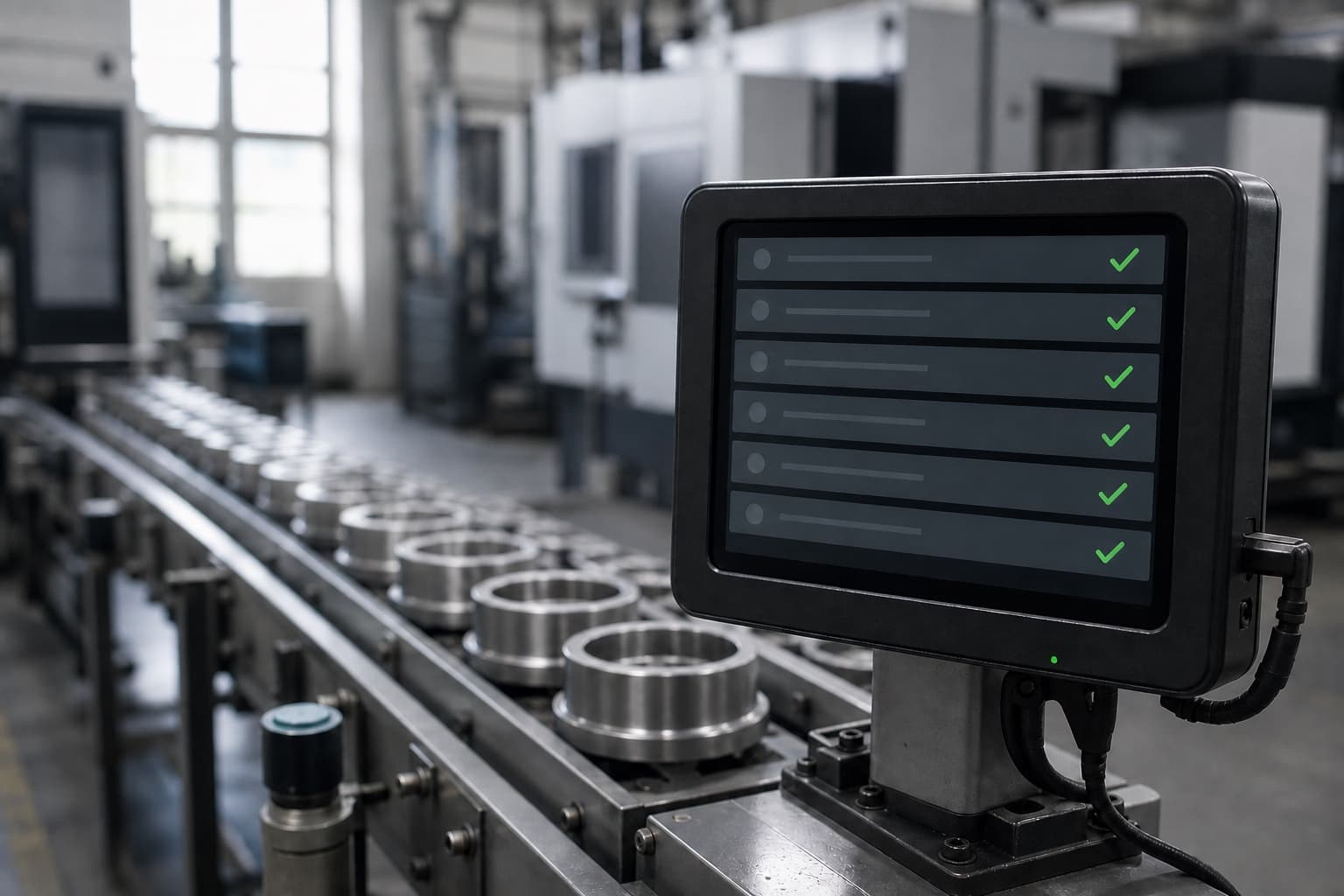 A production line carries a steady run of machined parts past an inspection station, whose screen shows every part in the queue cleared with a green check. No one is touching the parts.
