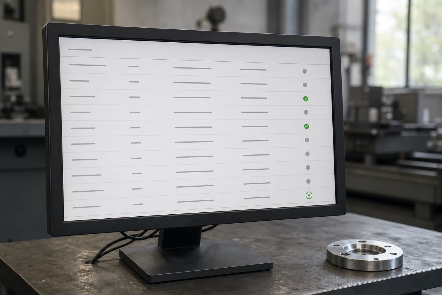 An inspection-station screen showing a settled log of completed entries, one per part, the most recent sealed with a green mark, and a finished part on the bench beside it.