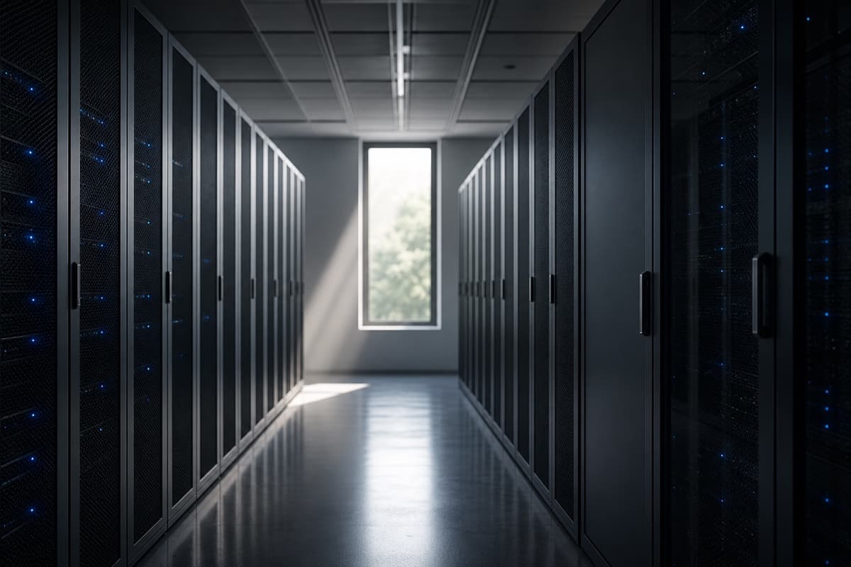 A secure on-premise server room aisle between two rows of dark racks.