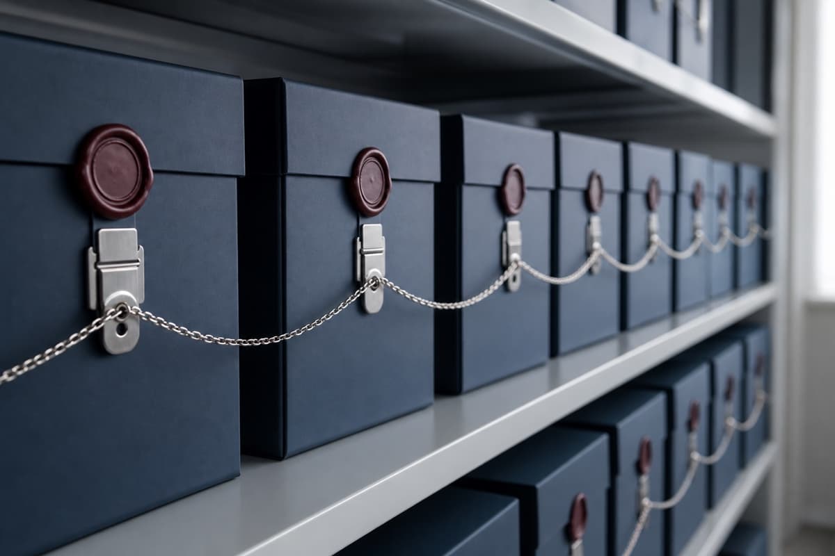 Archival record boxes on shelves, linked together by a steel chain.