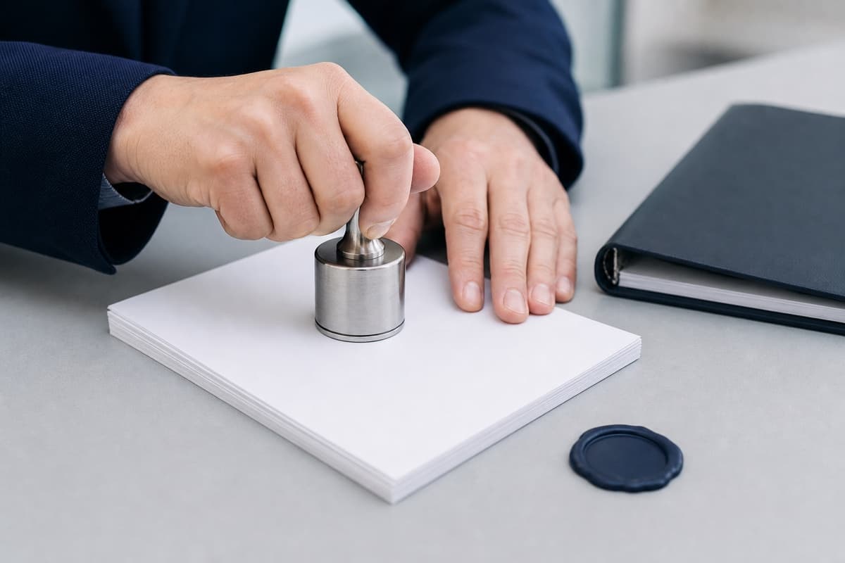 Hands pressing an approval stamp onto a stack of documents on a desk.