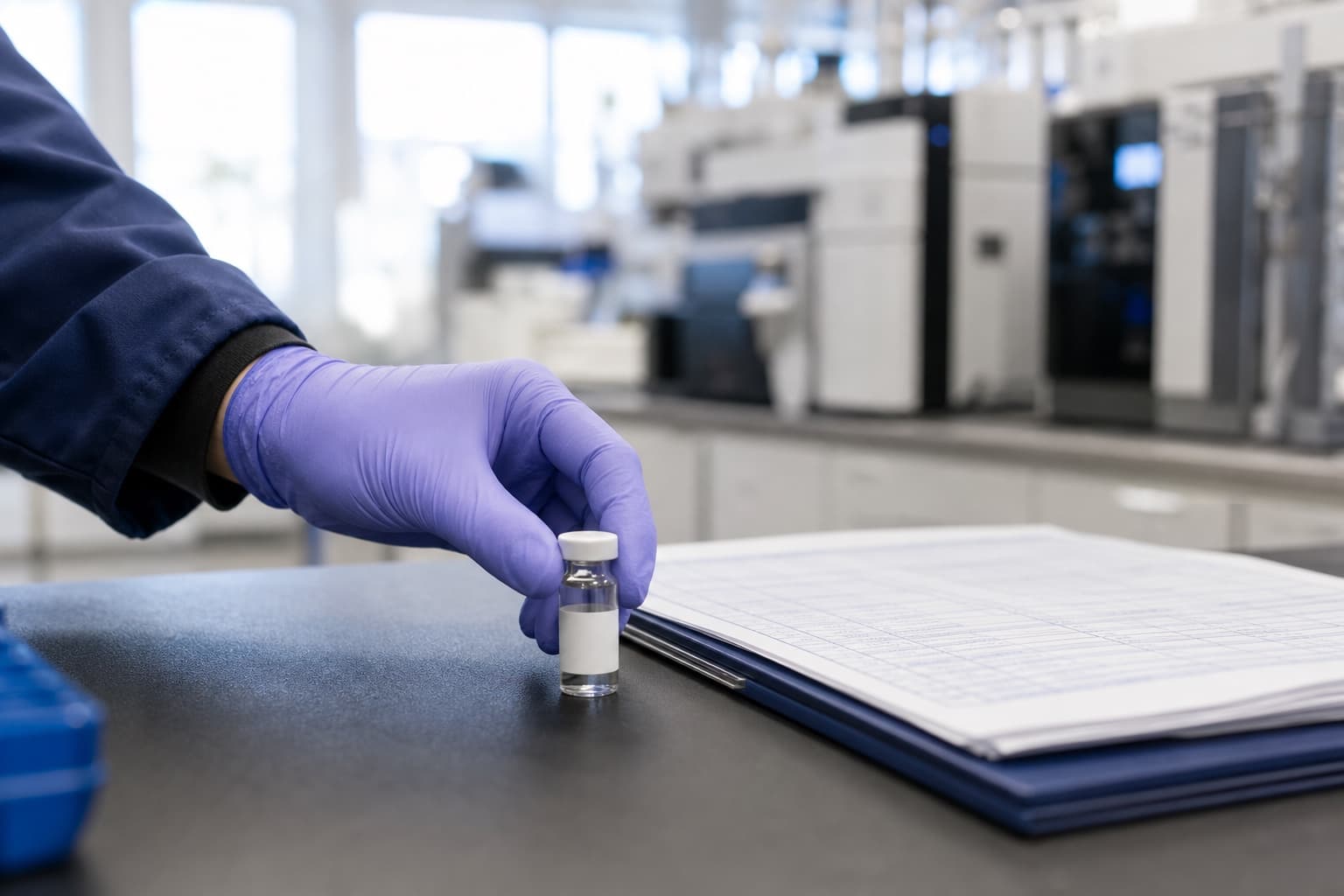 A gloved hand placing a labeled sample vial beside a printed chain-of-custody log, analytical instruments softly blurred in the bright lab behind.