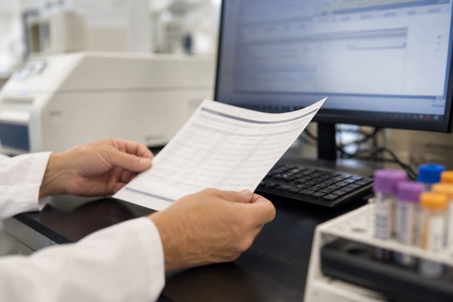 A lab supervisor's hands reviewing a printed test report at the bench, a laboratory system screen softly blurred behind.