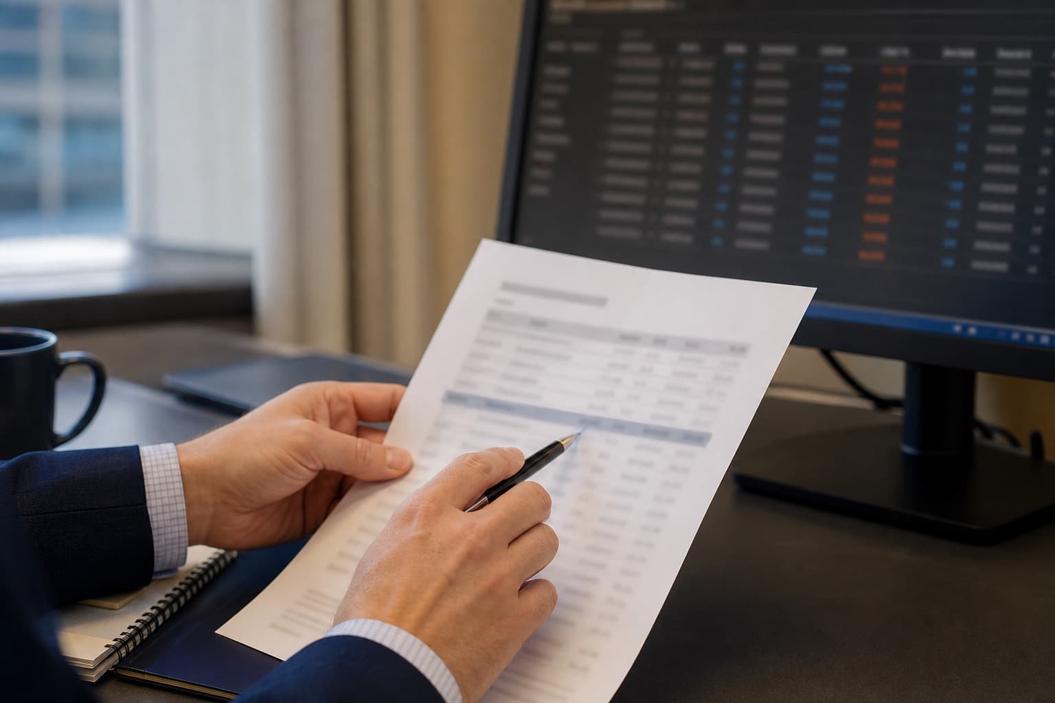 An operations analyst holding a printed transaction report beside a screen of softly blurred trade data, one line marked with a pen.