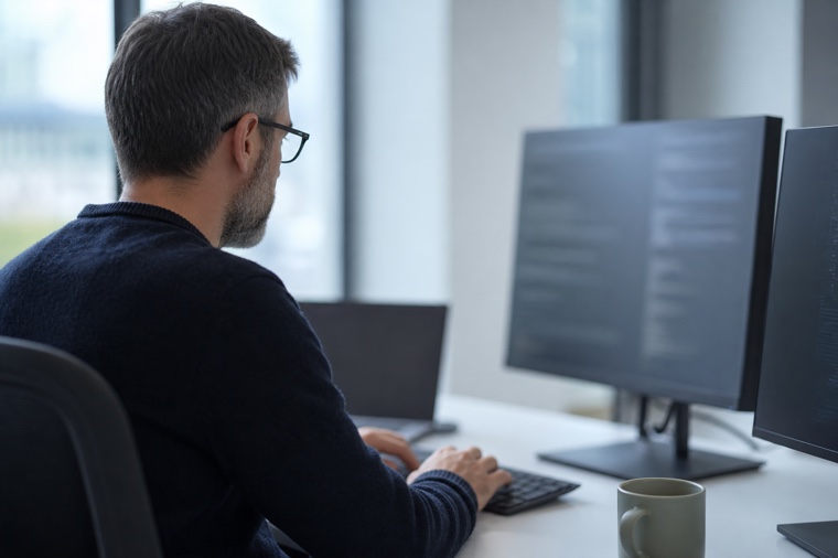 A platform engineer working at a multi-monitor code workstation